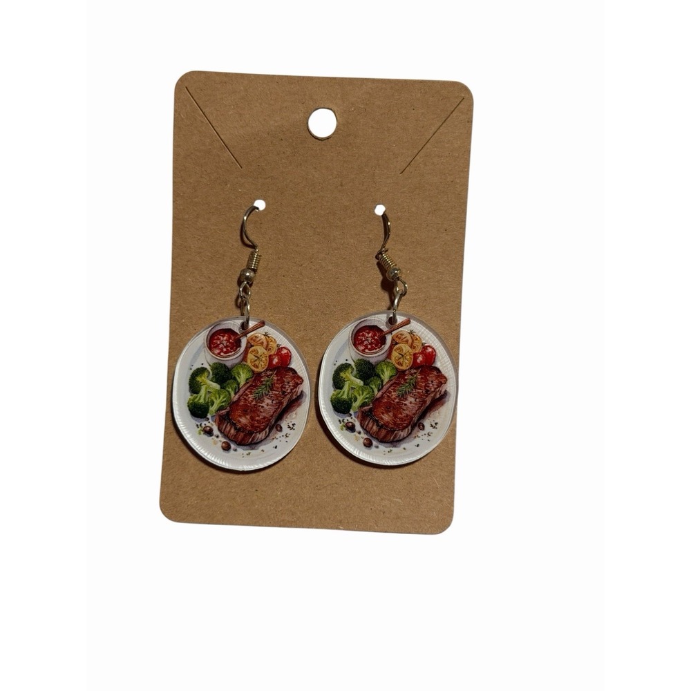 Steak Dinner Plate Acrylic Drop Earrings Foodie Kitsch Jewelry Silver Tone Hook